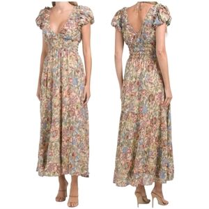 House Of Harlow 1960 Puff Sleeve V Neck V Back Cotton Gauze Puff Sleeve Dress S